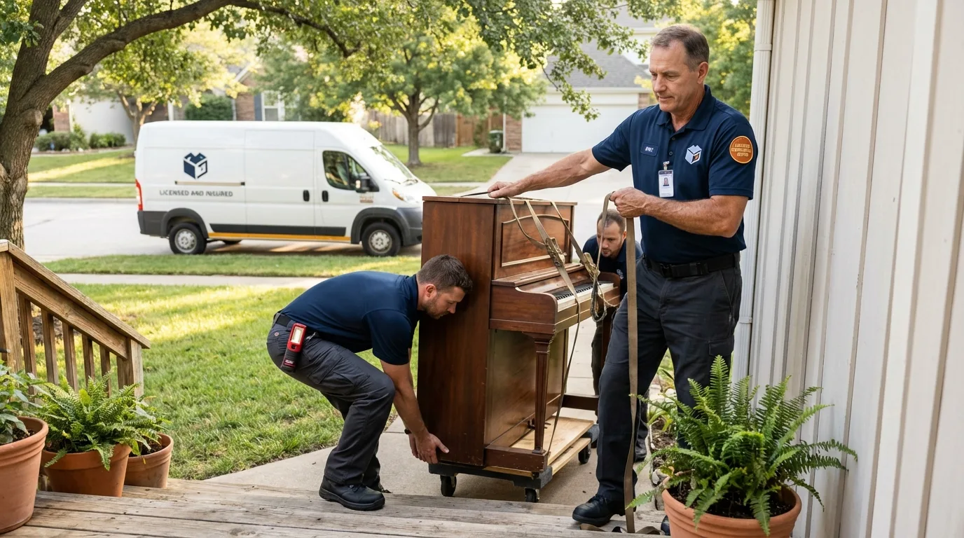 Licensed piano movers securing grand piano in Gridley, IL