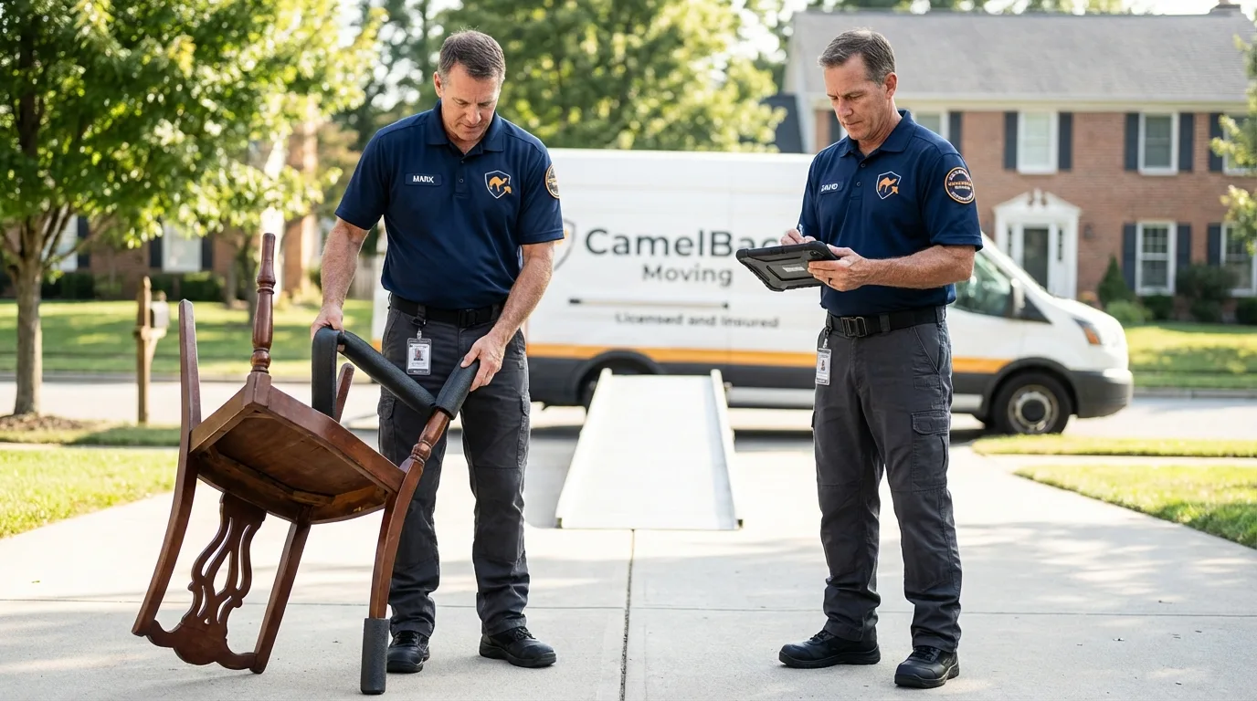 Movers inspecting furniture for damage prevention before loading in Gridley, IL