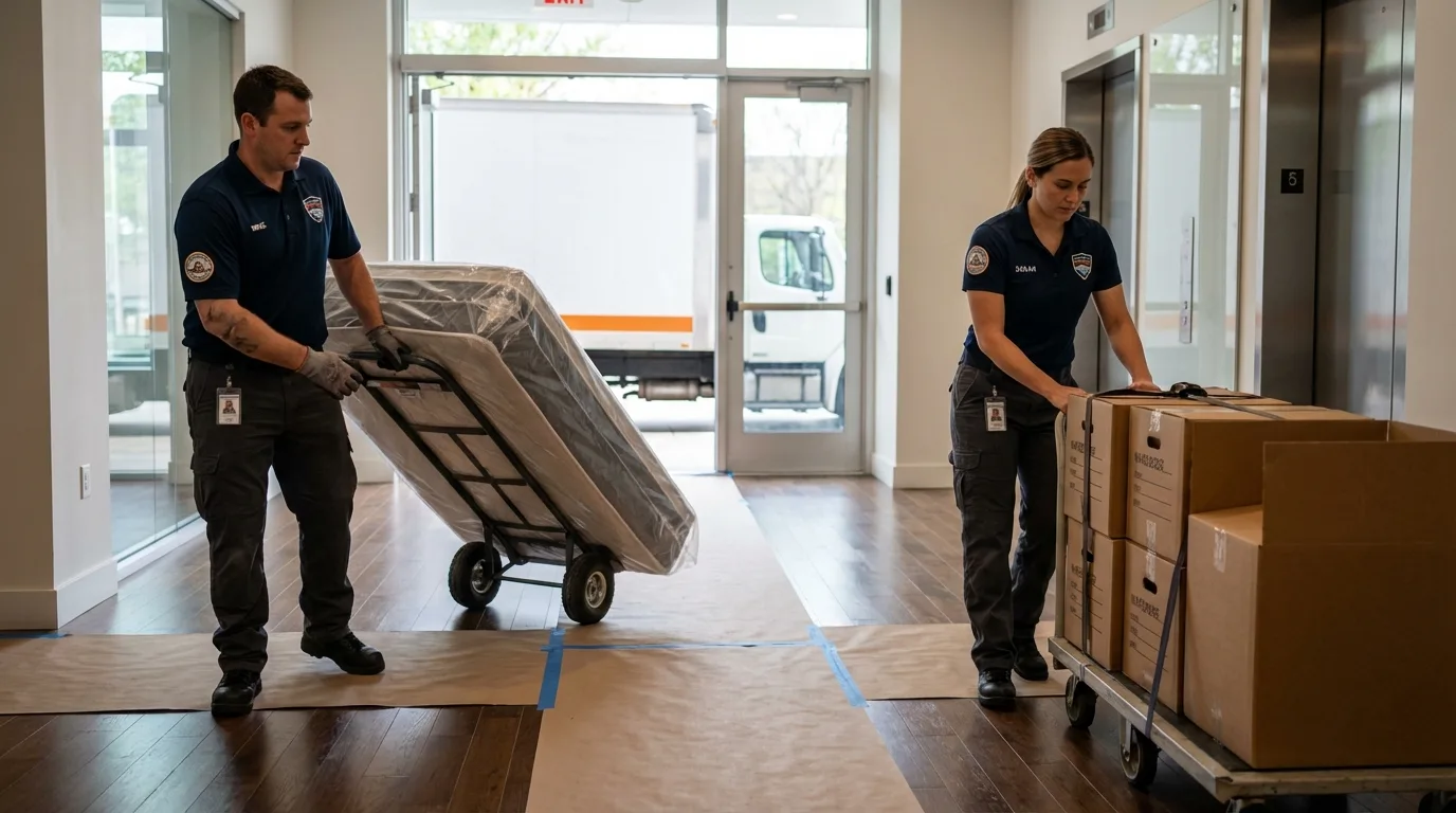 Professional apartment movers loading elevator in Gridley, IL