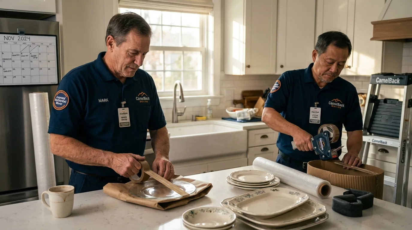 Professional crew packing kitchen dishware in Gridley, IL